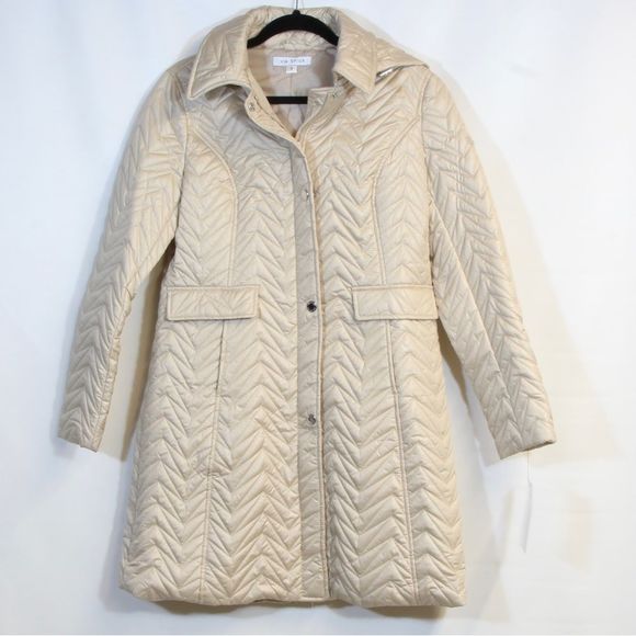Via Spiga Jackets & Blazers - Via Spiga Stone Colored Zigzag Quilted Hooded Jacket Women